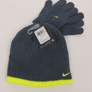 Nike Swoosh Beanie Hat with Gloves NWT Youth 8/20 Grey w/yellow stripe